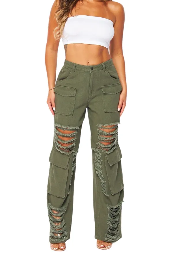 Women's Wide Leg Cargo Pocket Distressed Cargo Pants
