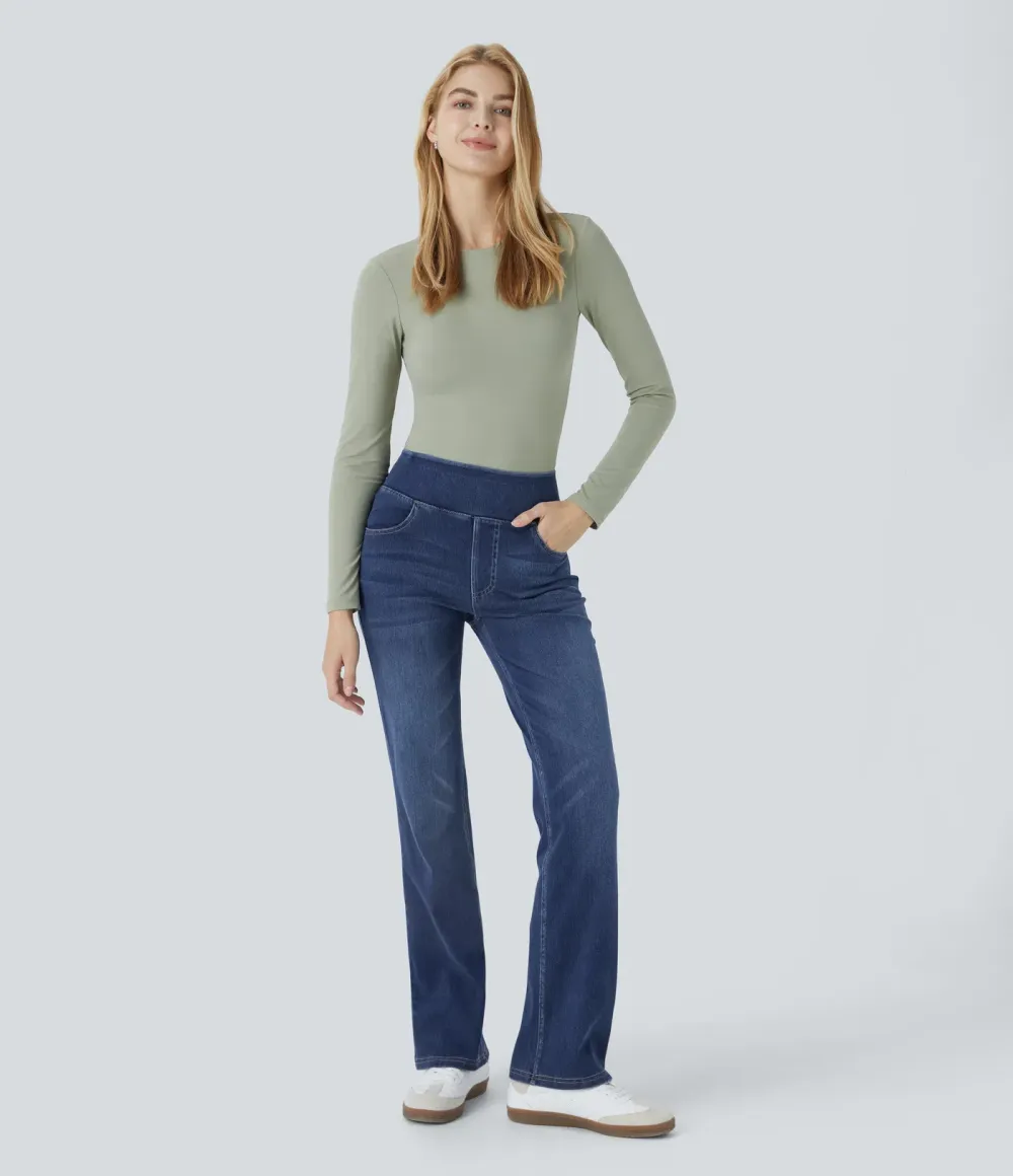 2026🔥 High Waisted Multiple Pockets Washed Stretchy Knit Casual Bootcut Jeans