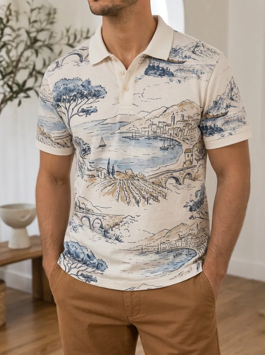 Men's Mediterranean Coastal Landscape Printed Polo Shirt