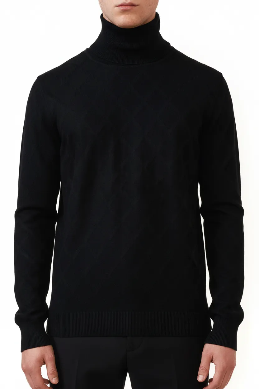 Modern Diamond Pattern Regular Fit Viscose Turtleneck Sweater