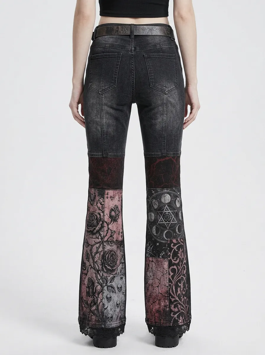 Dark Rose Moon Patchwork Gothic Edit Women's Gothic Flare Pants