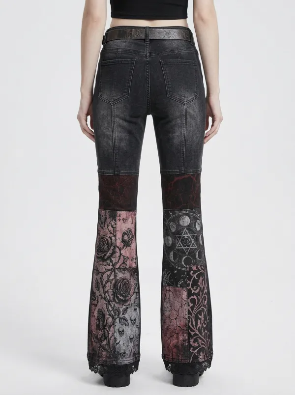 Dark Rose Moon Patchwork Gothic Edit Women's Gothic Flare Pants