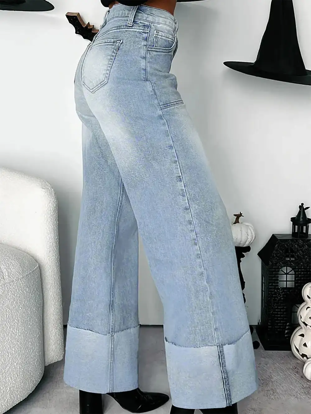 Versatile High Waist Wide Leg Cuffed Denim Jeans