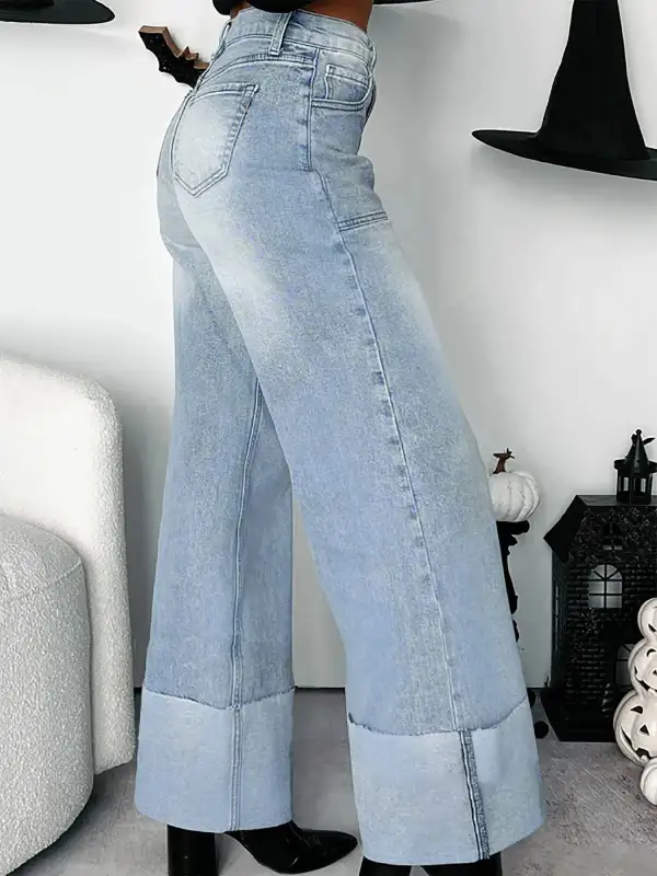 Versatile High Waist Wide Leg Cuffed Denim Jeans