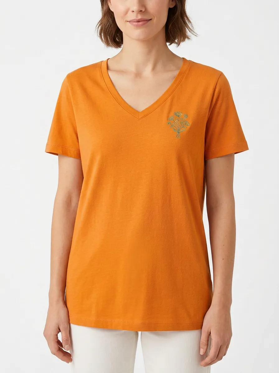 Women's Left-Chest Botanical-Embroidered V-Neck T-Shirt