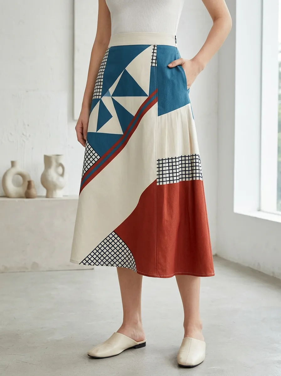 Women's Geometric Abstract Art Printed Midi Skirt