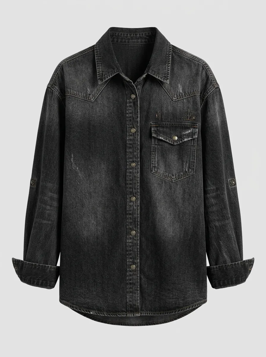 Women's Western Cactus Embroidered Distressed Black Denim Shirt