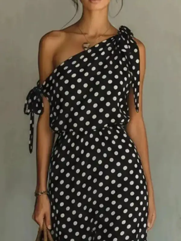 Full Size Polka Dot One Shoulder Maxi Dress With Tie Details Plus Size