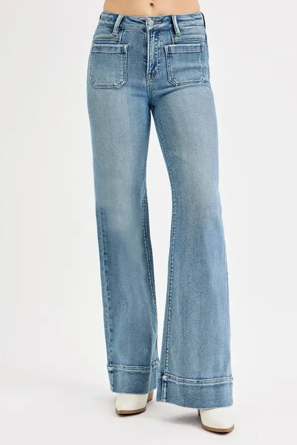Structured High Waist Wide Leg Pocketed Denim Jeans