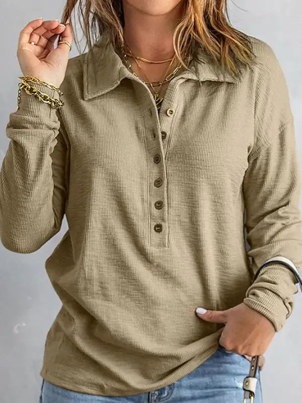 Long Sleeve Relaxed Button Detail Panel Detail Lapel T-Shirt
