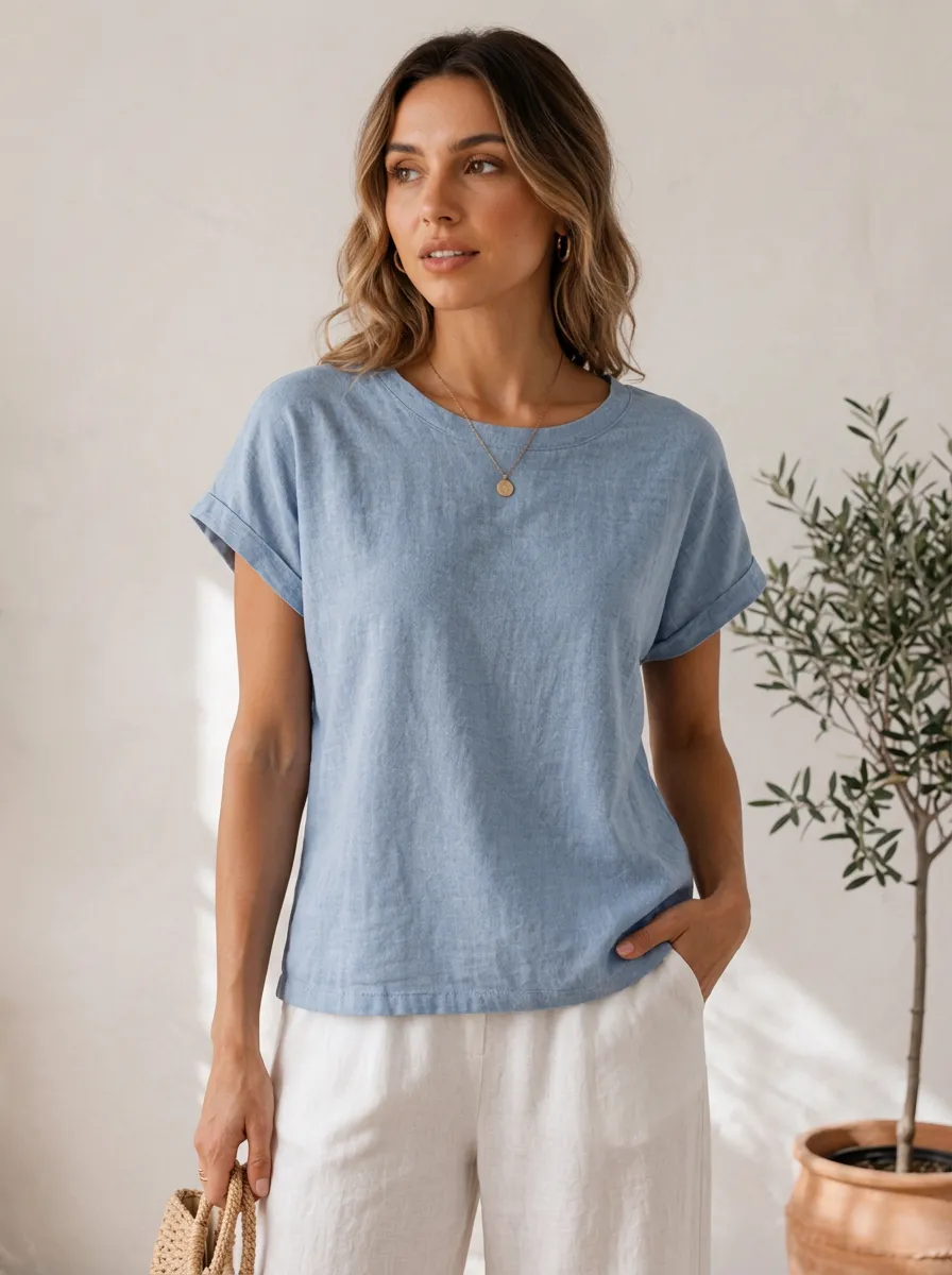 Women's Casual Summer Blue Linen Rolled Sleeve T-shirt
