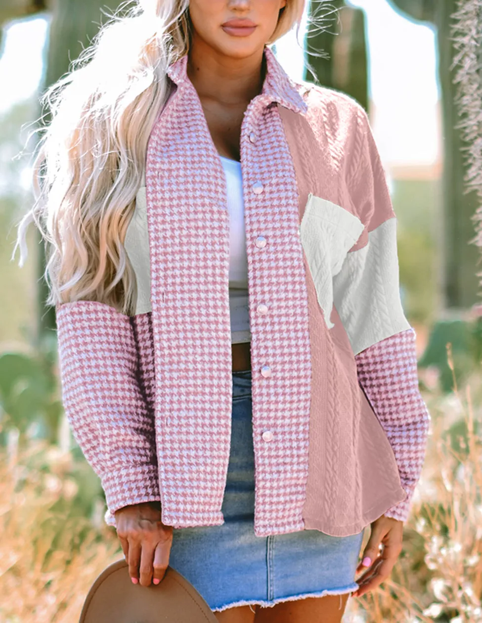 Women's Houndstooth Color Contrast Textured Patchwork Loose Shacket