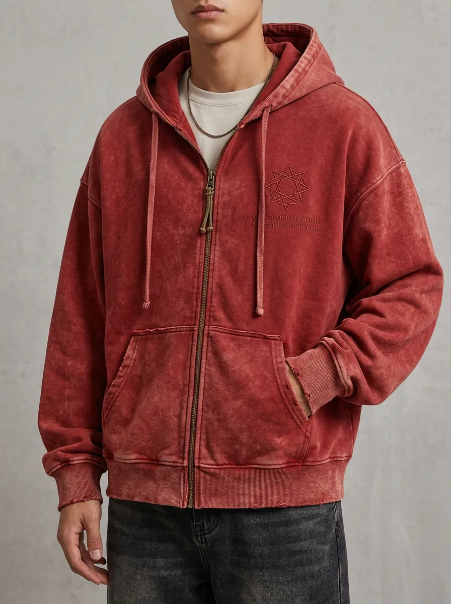 Men's Geometric Star Graphic Vintage Washed Printed Zip Hoodie