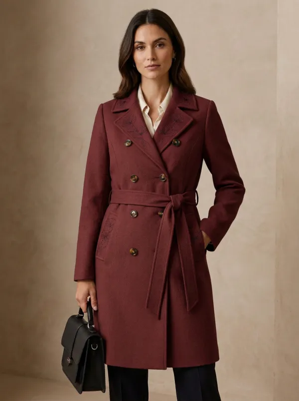 Women's Floral Embroidered Camel Trench Coat