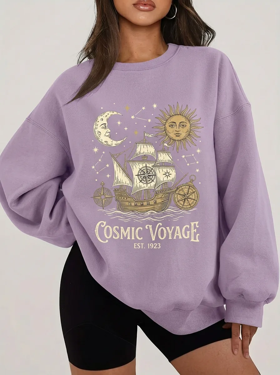Women's Cosmic Voyage Celestial Ship Graphic Sweatshirt