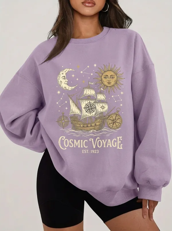 Women's Cosmic Voyage Celestial Ship Graphic Sweatshirt