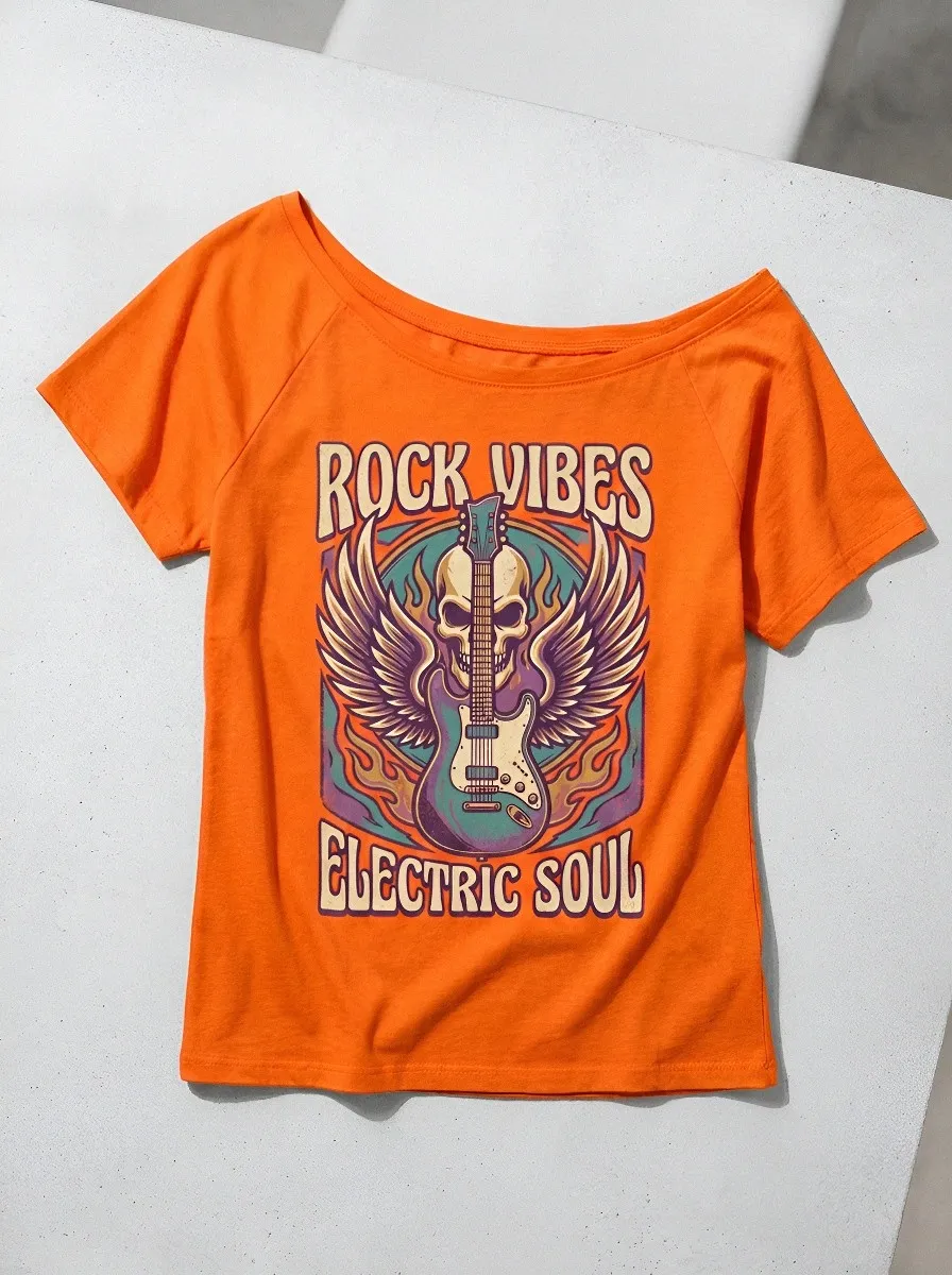 Women's Rock Music Lover Skull Guitar Wings Printed T-shirt