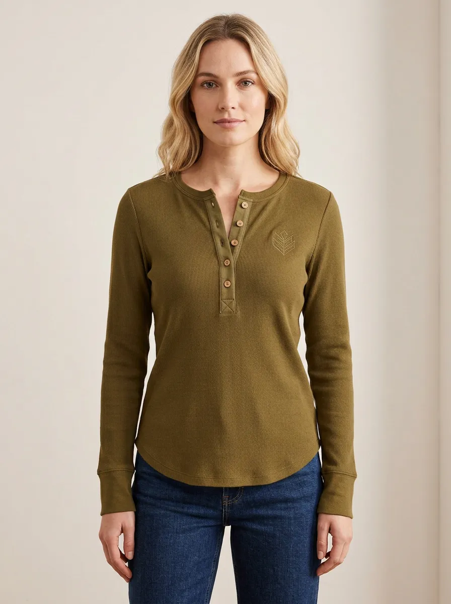 Women's Minimalist Leaf Logo Olive Ribbed Henley Shirt