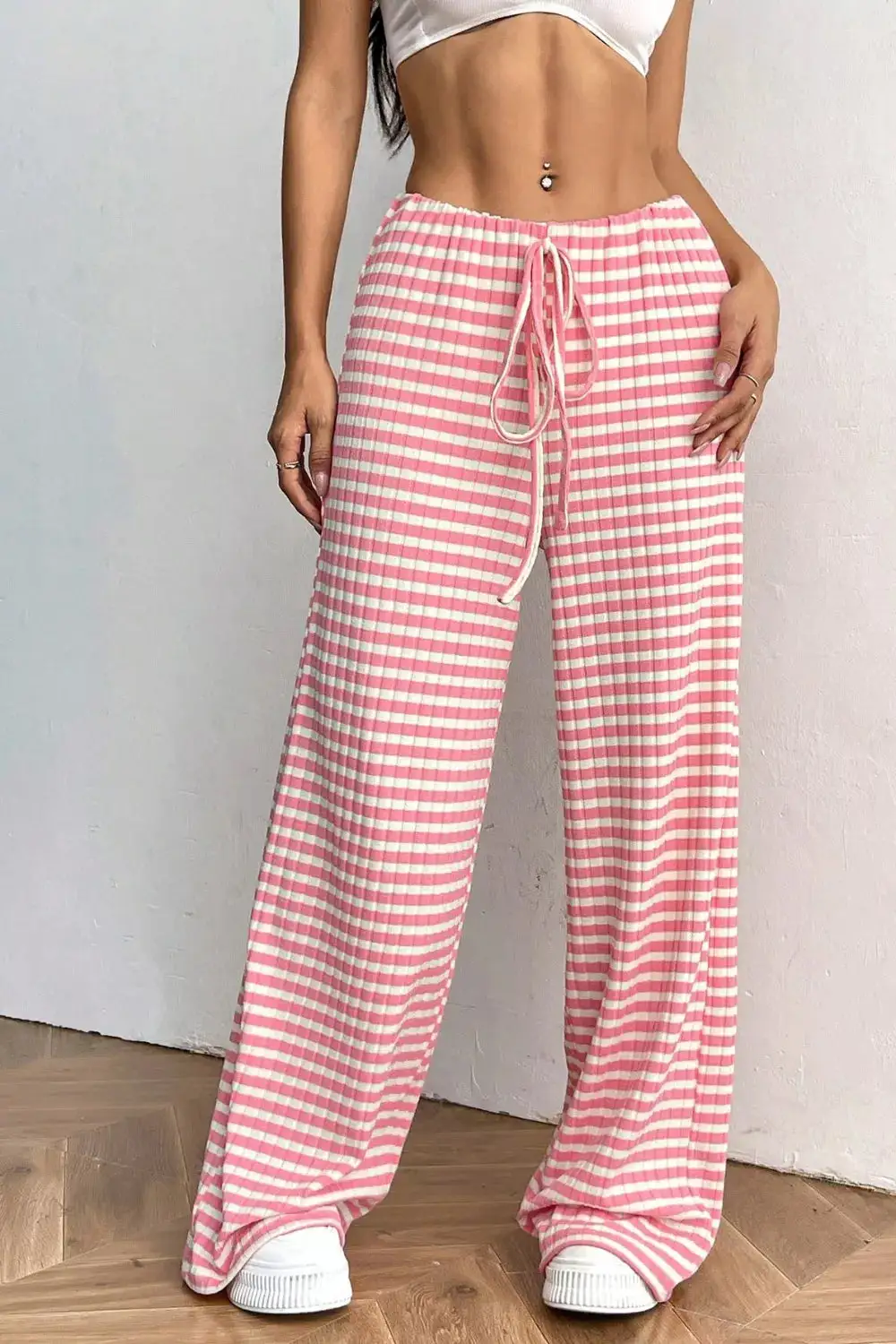 Ribbed Knit Drawstring Wide Leg Pants