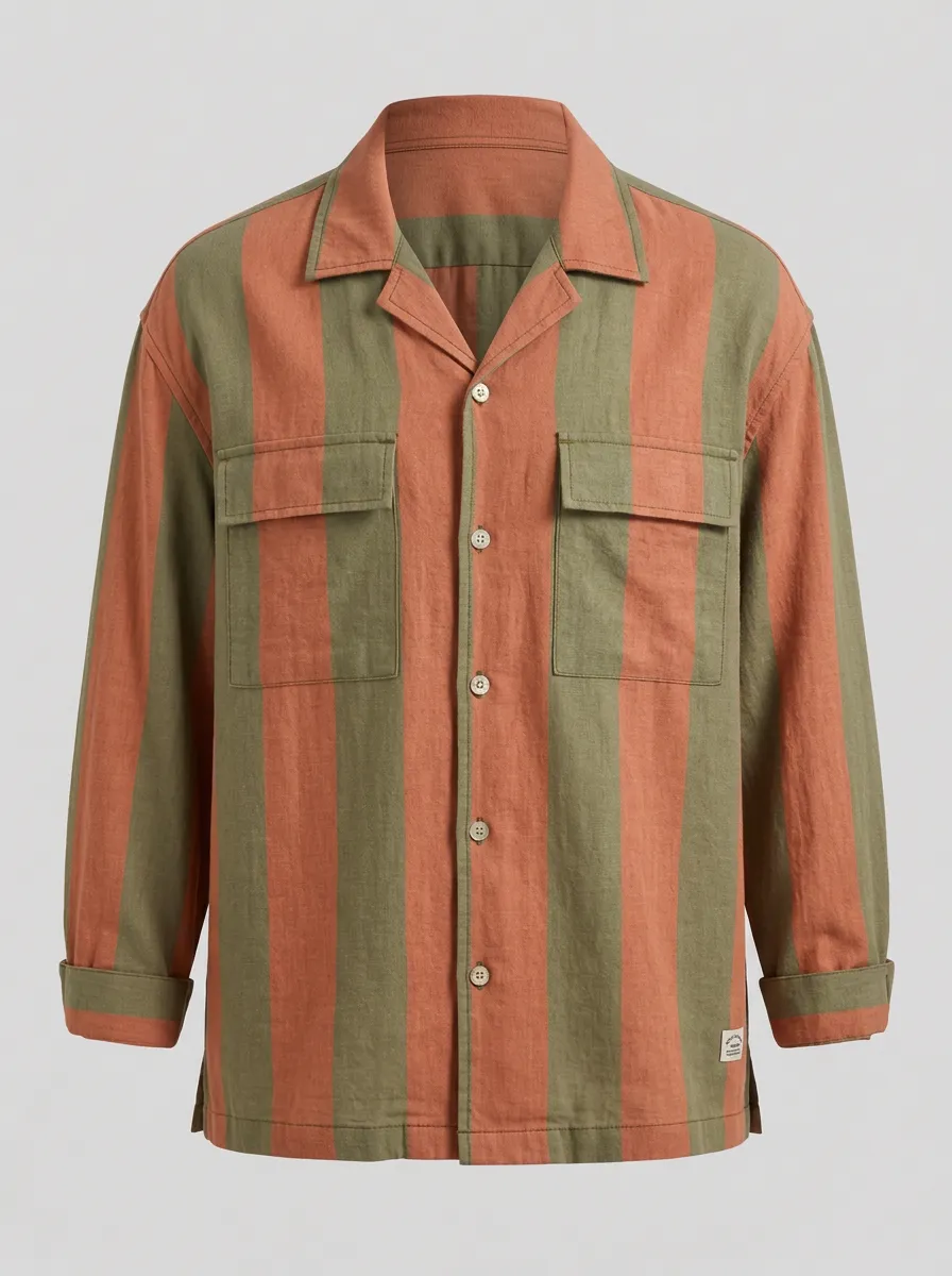 Men's Casual Summer Olive Green Orange Striped Breathable Linen Shirt