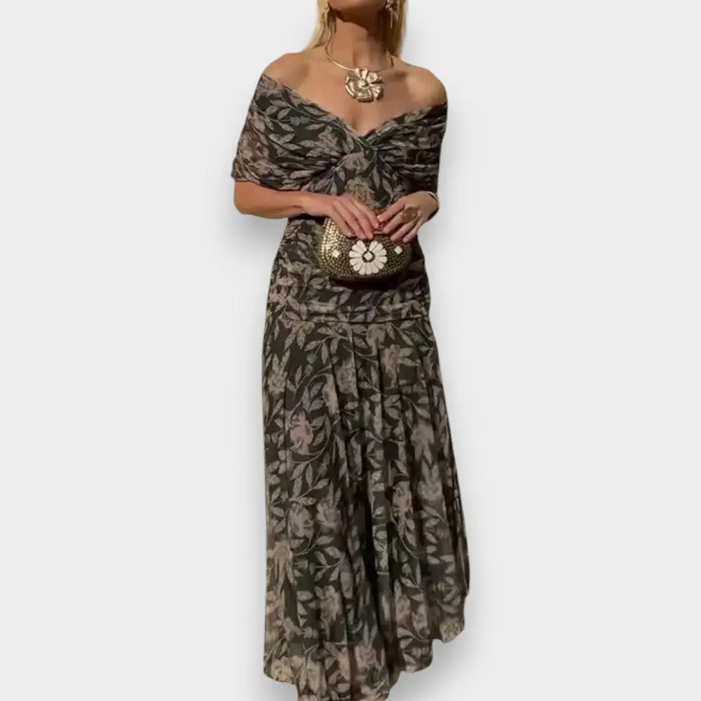 V-Neck Pleated Flowing Casual Dress