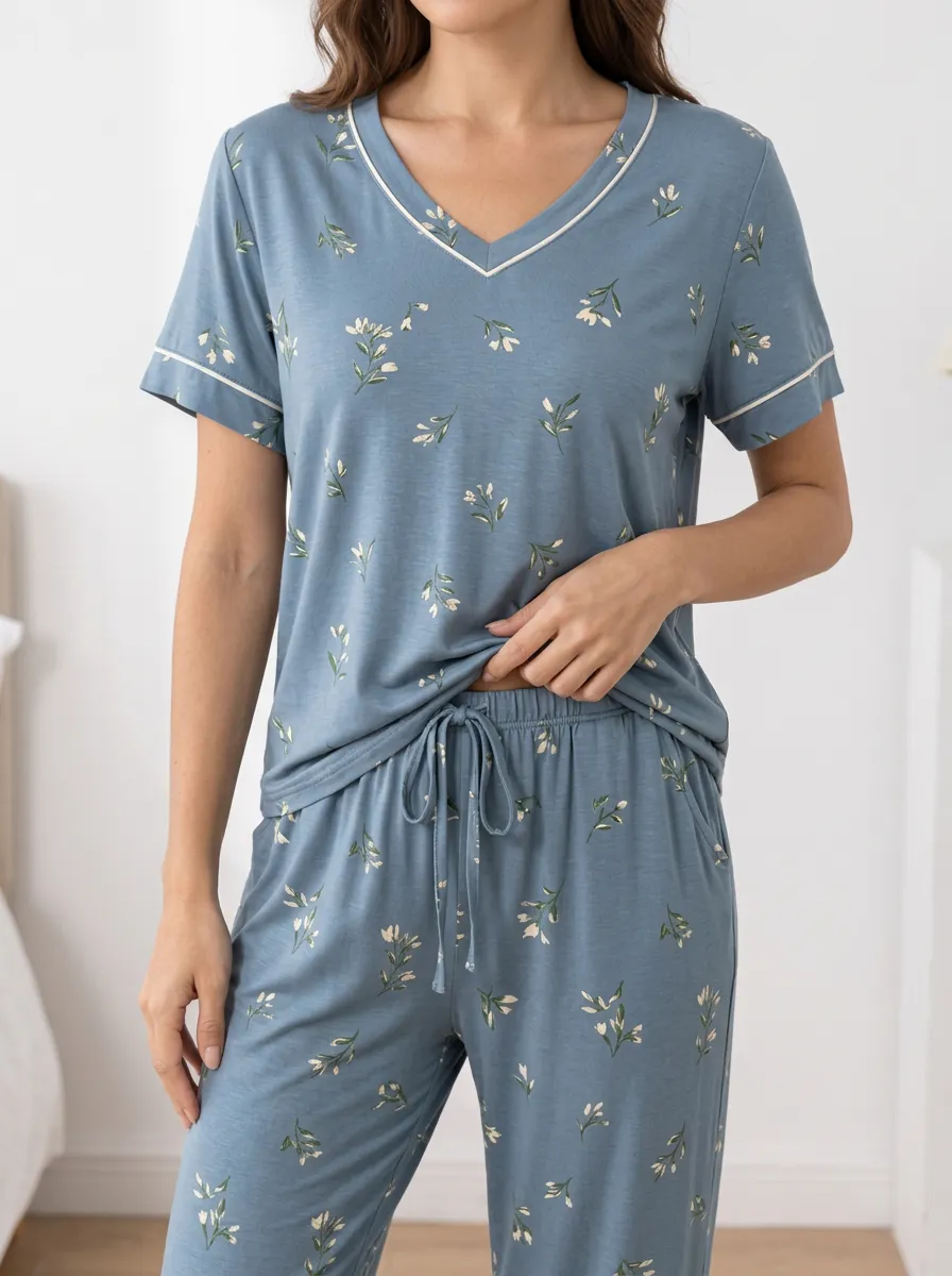 Women's Botanical Floral V Neck Short Sleeve Contrast Piping Pajama Top