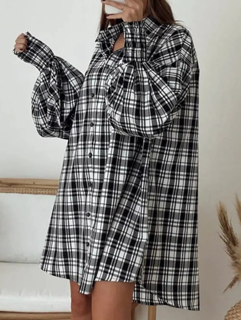Plaid Lantern Sleeve Shirt