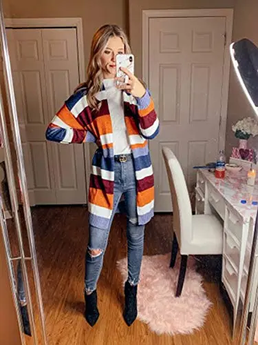 Womens Cardigan Color Block Striped Draped Kimono Cardigans Long Sleeve Open Front Casual Knit Sweaters Coat Outwear