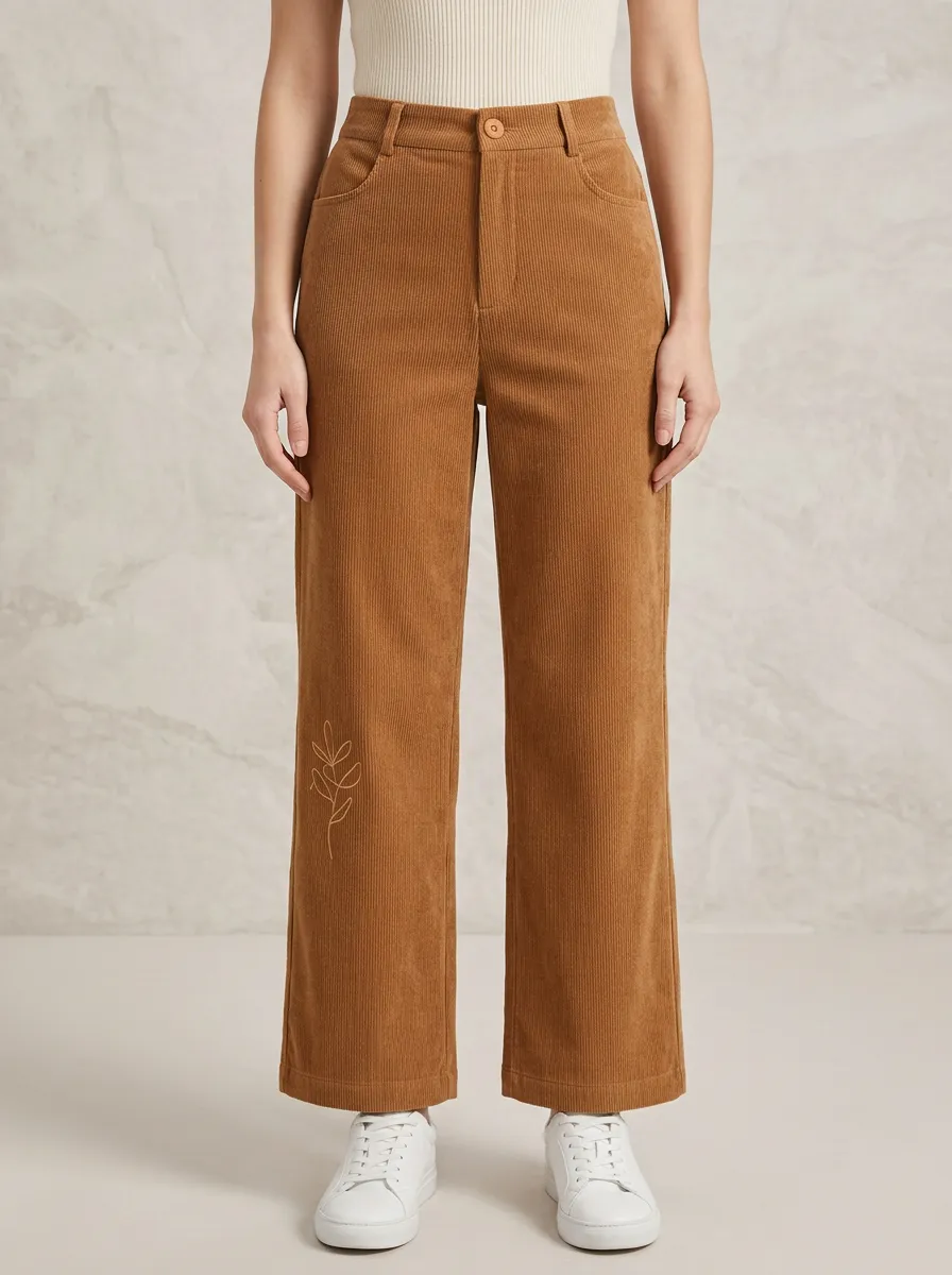Women's Minimalist Botanical Line Art Printed Corduroy Pants