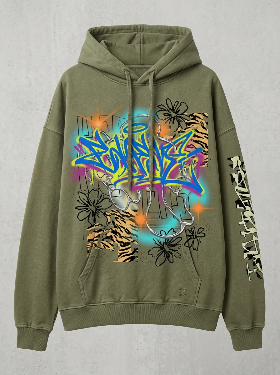 Unisex Pulse Graffiti Tiger Floral Graphic Hoodie