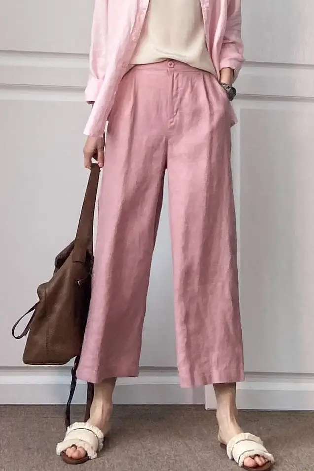 Elevated Linen Cotton Wide Leg Elastic Waist Pocketed Trousers
