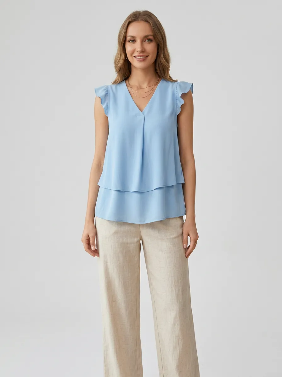 Ruffle Sleeve Layered V-Neck Top
