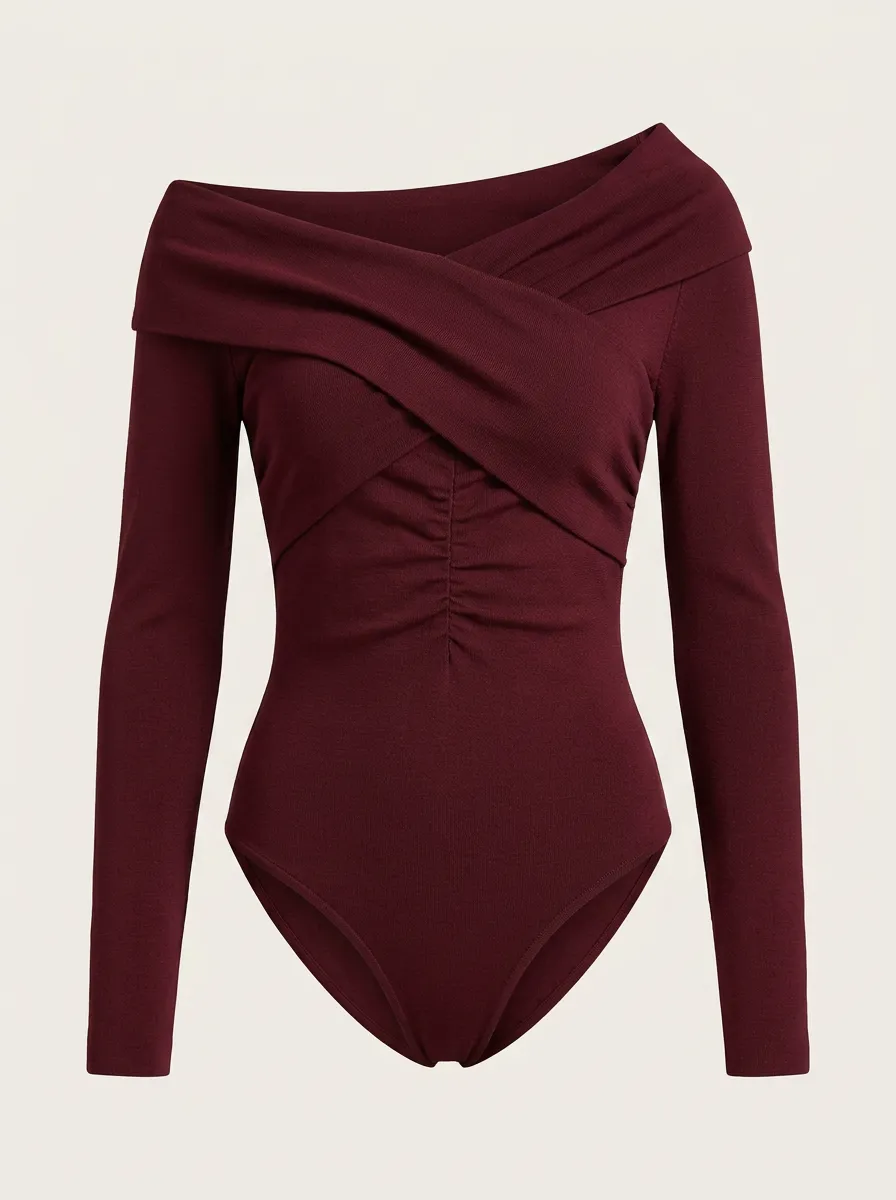 Women's Burgundy Off-Shoulder Ruched Cross-Front Long Sleeve Bodysuit