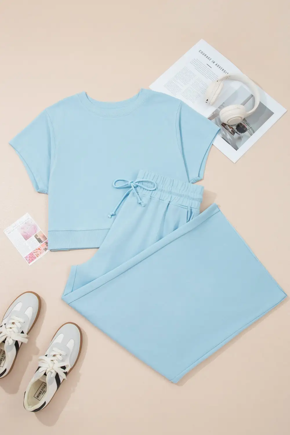 Women's Solid Color Ribbed Trim Short Sleeve Top Drawstring Loose Pants Two Piece Outfit