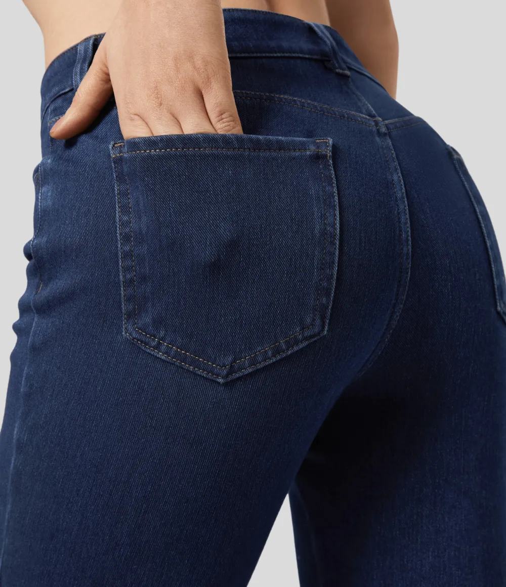 Magic Mid Rise Button Pockets Stretchy Knit Casual Bootcut Jeans