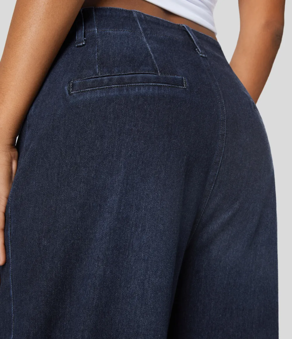 Magic High Waisted Front Pockets Washed Stretchy Knit Casual Wide Leg Jeans