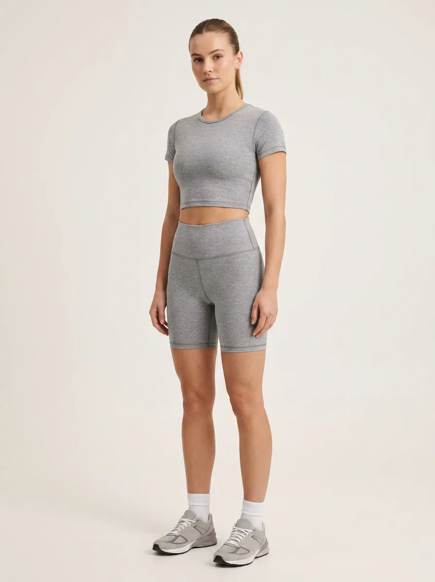 Women's Fitness Workout Grey Seamless Printed Crop Top Shorts Set