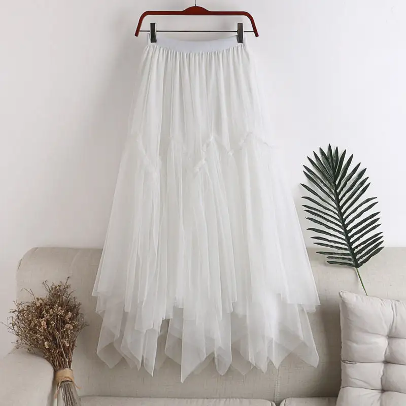Casual High Waist Midi Skirt With Asymmetrical Mesh Layers