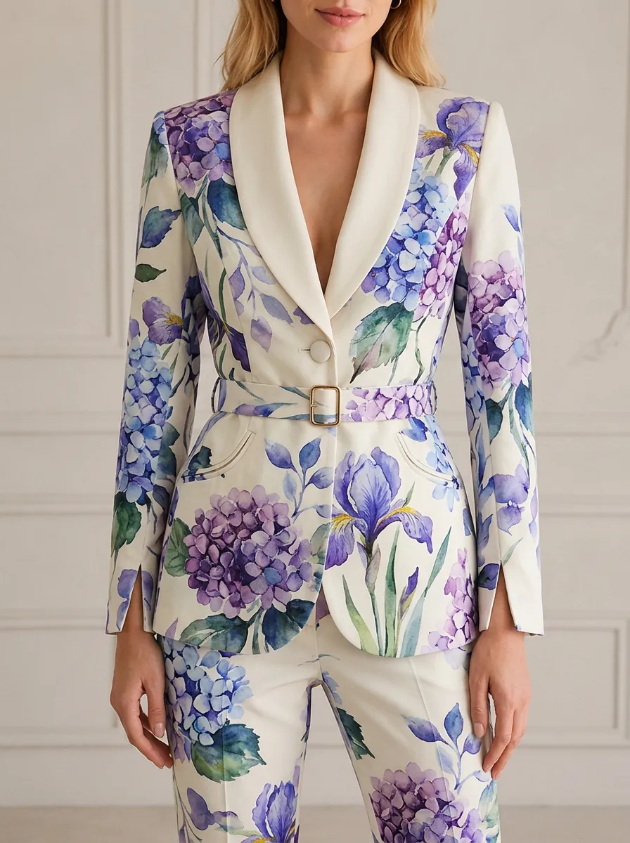 Women's Floral Hydrangea Iris Printed Belted Blazer Jacket