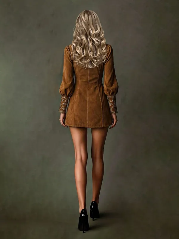 Retro Neck Embroidered Mini Dress