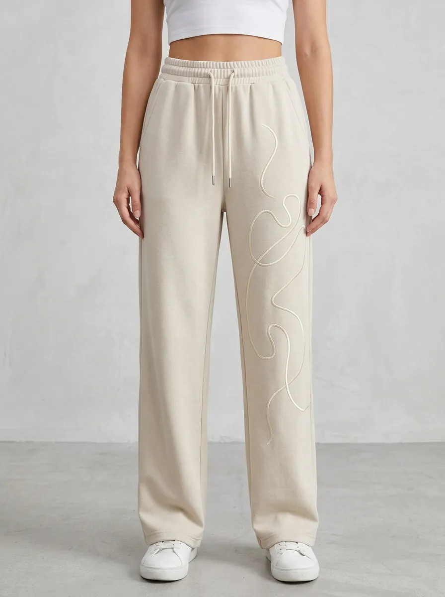 Women's Beige Embroidered Detail Wide-Leg Sweatpants
