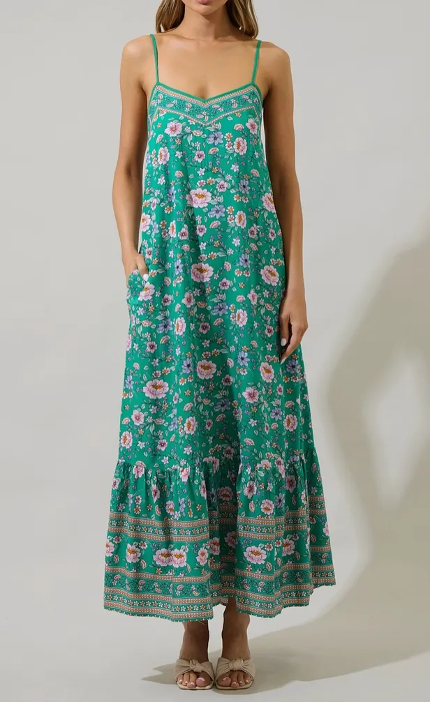 Green Floral Tie Back Maxi Dress