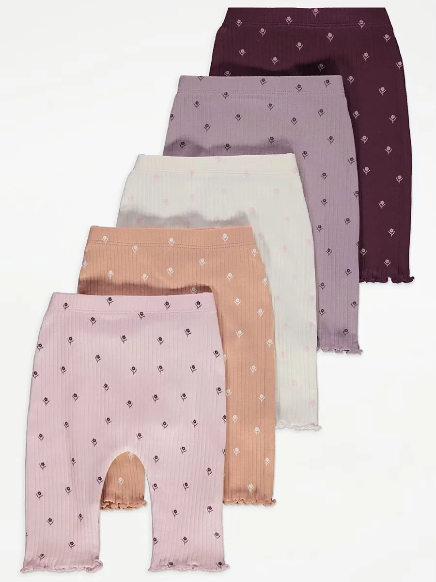 Floral Ribbed Lettuce Trim Leggings 5 Pack