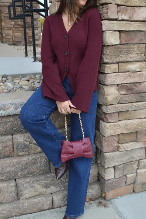 Plum V-Neck Button Knit Cardigan