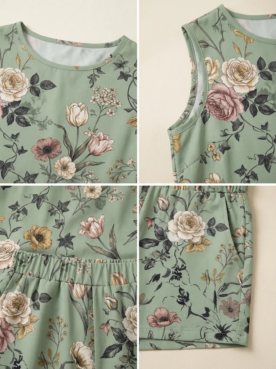 Women's Vintage Floral Sage Green Printed Sleeveless Set