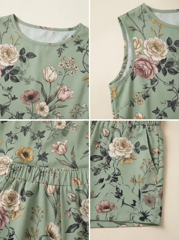 Women's Vintage Floral Sage Green Printed Sleeveless Set