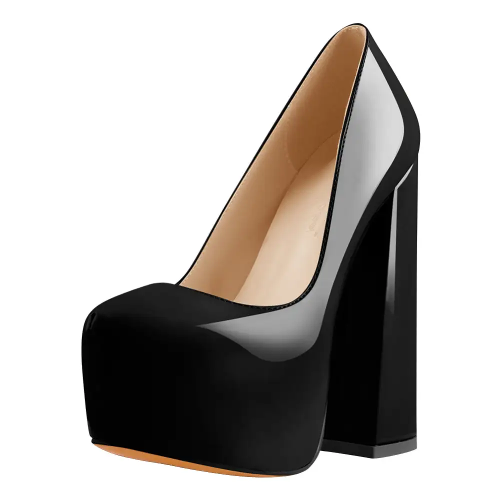 Sleek Patent Finish Pointed Toe Platform Chunky Heel Pumps