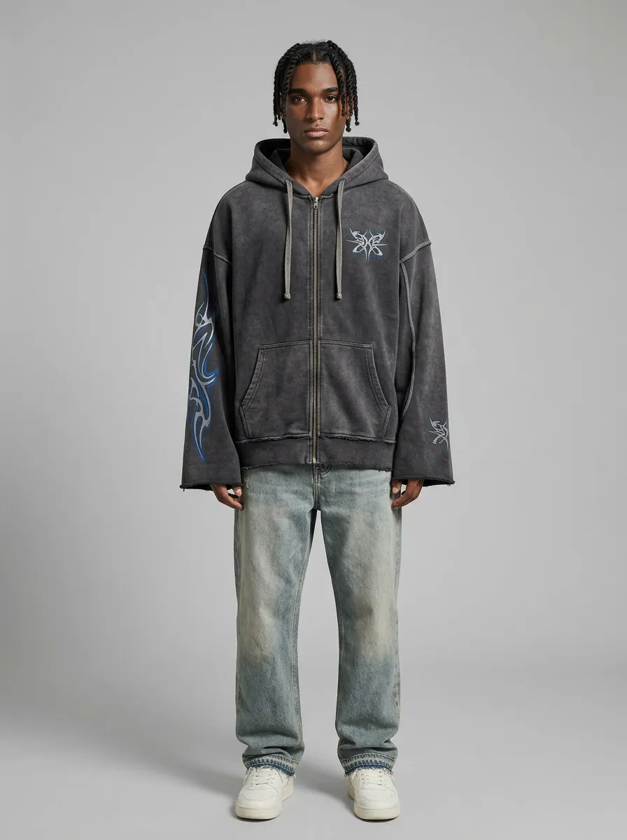 Unisex Streetwear Y2K Tribal Butterfly Printed Zip-up Hoodie