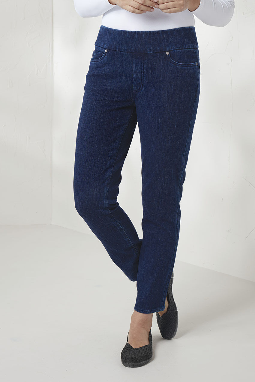 Knit Denim Mid Rise Slim-Leg Ankle Jeans