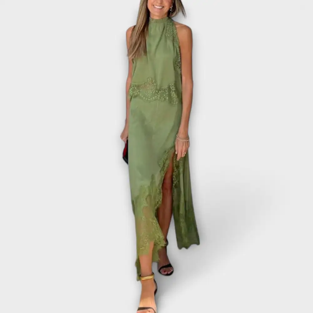 Pleated Lace Satin Casual Dress
